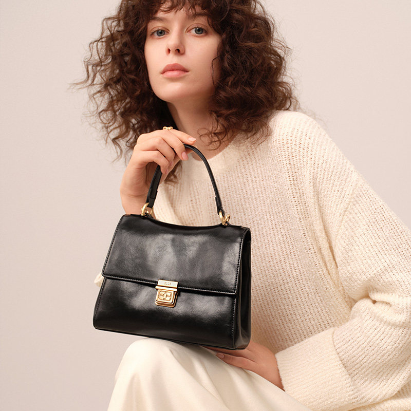 ELLE女包2025新款包包高级感油蜡牛皮手提包大容量托特包通勤