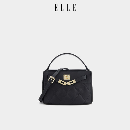 ELLE真皮菱格水桶斜挎女包