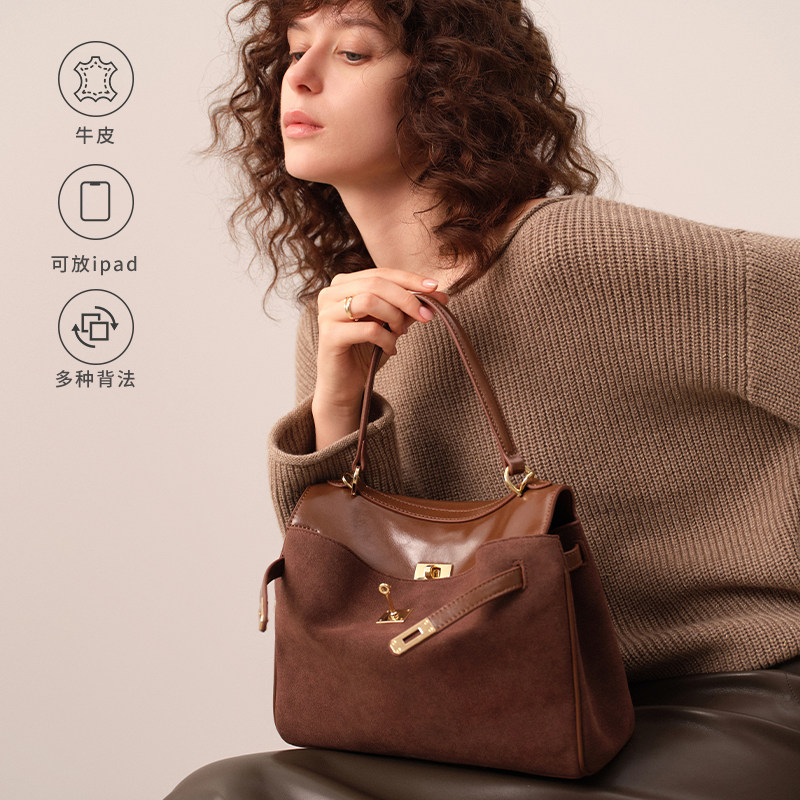 ELLE官方女包新款包包秋冬油蜡软牛皮大容量通勤斜挎手提包托特包