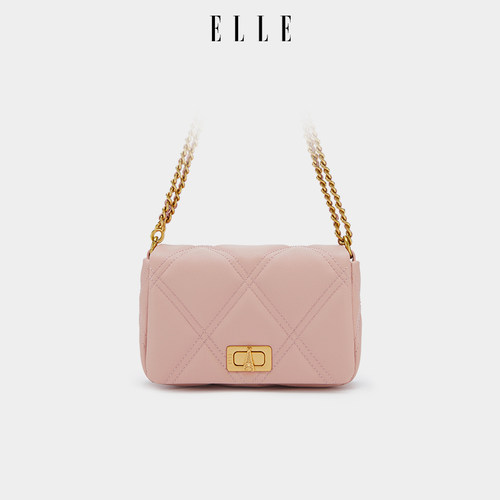 ELLE女包头层牛皮菱格斜挎链条包