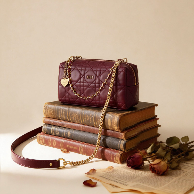ELLE女包真皮吐司包菱格链条小方包黑色手提包女士精致斜跨小包包