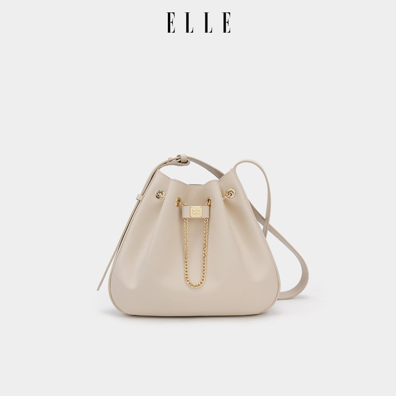 ELLE女包2025新款包包褶皱链条马鞍斜挎包女通勤时尚抽绳单肩