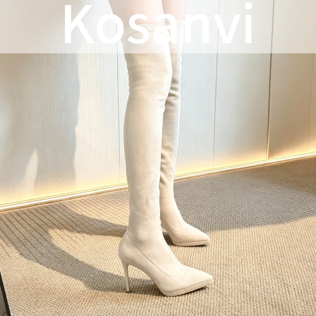 Kosanvi新款过膝套筒长靴女秋冬季高跟弹力显瘦米色长筒靴瘦瘦靴