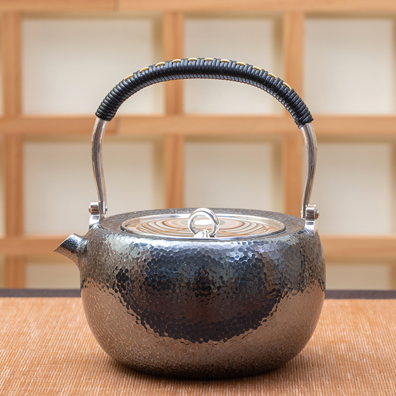 日本樣式手工家用泡茶燒水壺煮茶器盛虎堂純銀茶壺晶紋手取口打出