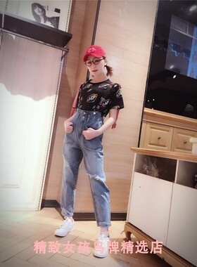 鸟A4HA8210355女装2022春新装背带破洞牛仔裤直筒裤A4HA82103