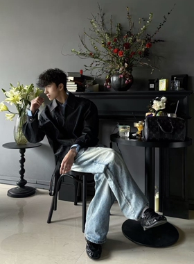 YewPout冰川裂痕蓝牛水洗做旧手工猫须自然落色直筒微喇牛仔裤