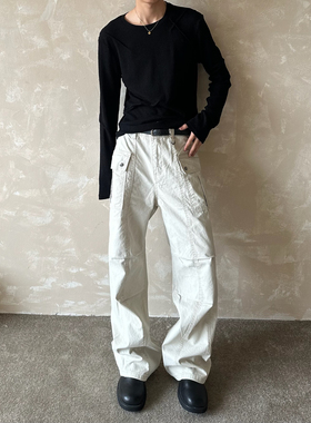 YewPout小众褶皱重工设计工装裤复古长裤夏男女宽松百搭休闲裤