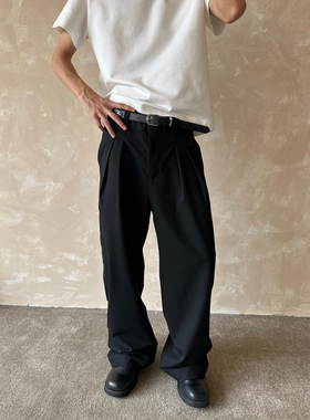 YewPout立体剪裁双褶位A字型宽松垂感休闲夏季通勤直筒西装裤