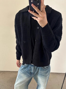 YewPout纹理针织老钱风慵懒风高级感翻领毛衣开衫针织衫外套