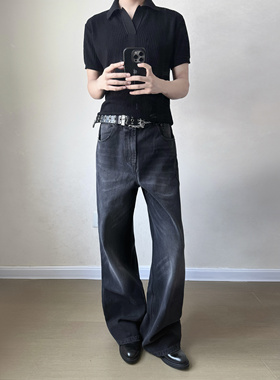 YewPout 黑牛系列微喇直筒宽松洗水自然猫须黑色缝针牛仔裤