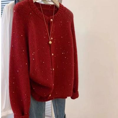 胖mm大码300斤红色高级感亮片毛衣女秋冬新款宽松气质针织衫上衣2