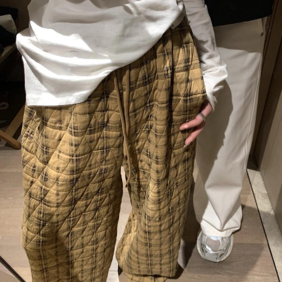 大码300斤保暖夹棉阔腿裤女秋冬新款胖MM松弛感百搭格子休闲棉裤2