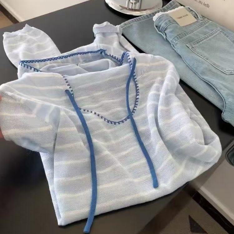 大码300斤蓝色条纹连帽针织衫女秋季新款胖mm慵懒设计感宽松上衣2