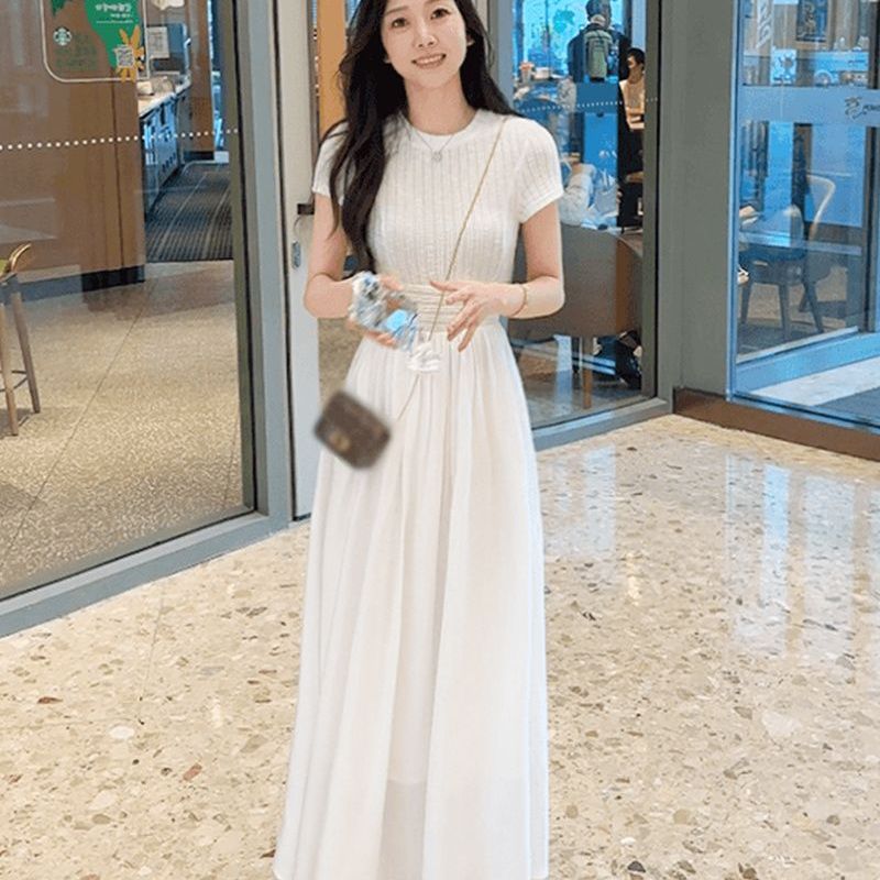 胖MM大码300斤时尚休闲高端条纹拼接连衣裙女纯色高腰显瘦A字长裙