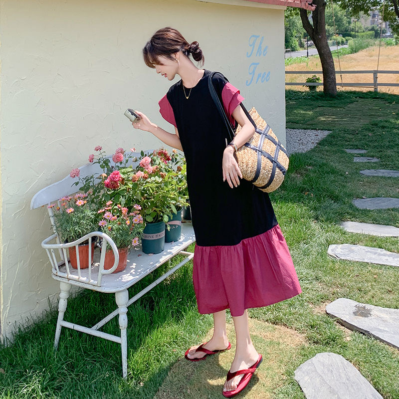 胖mm特大码300斤拼接撞色小飞袖连衣裙夏季宽松遮肚显瘦鱼尾长裙2