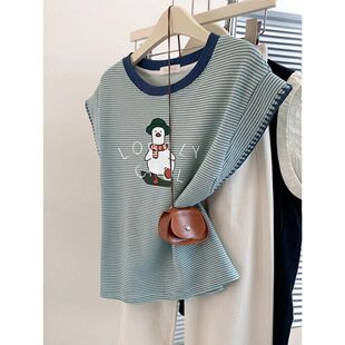 300斤夏季 t恤女大码 小众宽松独特上衣 正肩无袖 胖MM绿色条纹小飞袖