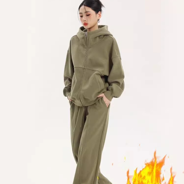 冬季加绒加厚时尚设计感连帽卫衣卫裤女大码300斤胖MM气质两件套2