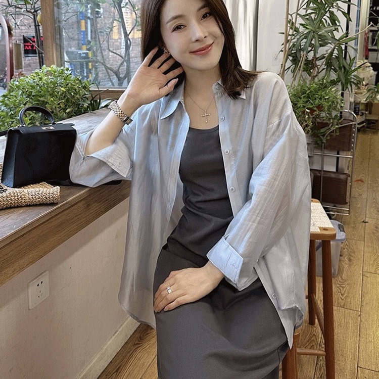 大码300斤长袖衬衫吊带连衣裙套装女秋季胖MM休闲宽松防晒两件套2