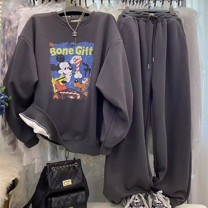 加绒加厚米奇休闲套装女胖mm大码300斤秋冬宽松卫衣阔腿裤两件套2