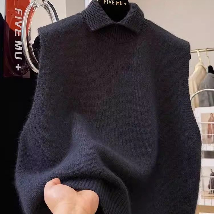 胖mm大码300斤小翻领针织马甲背心女秋冬高级感无袖叠穿套头毛衣2