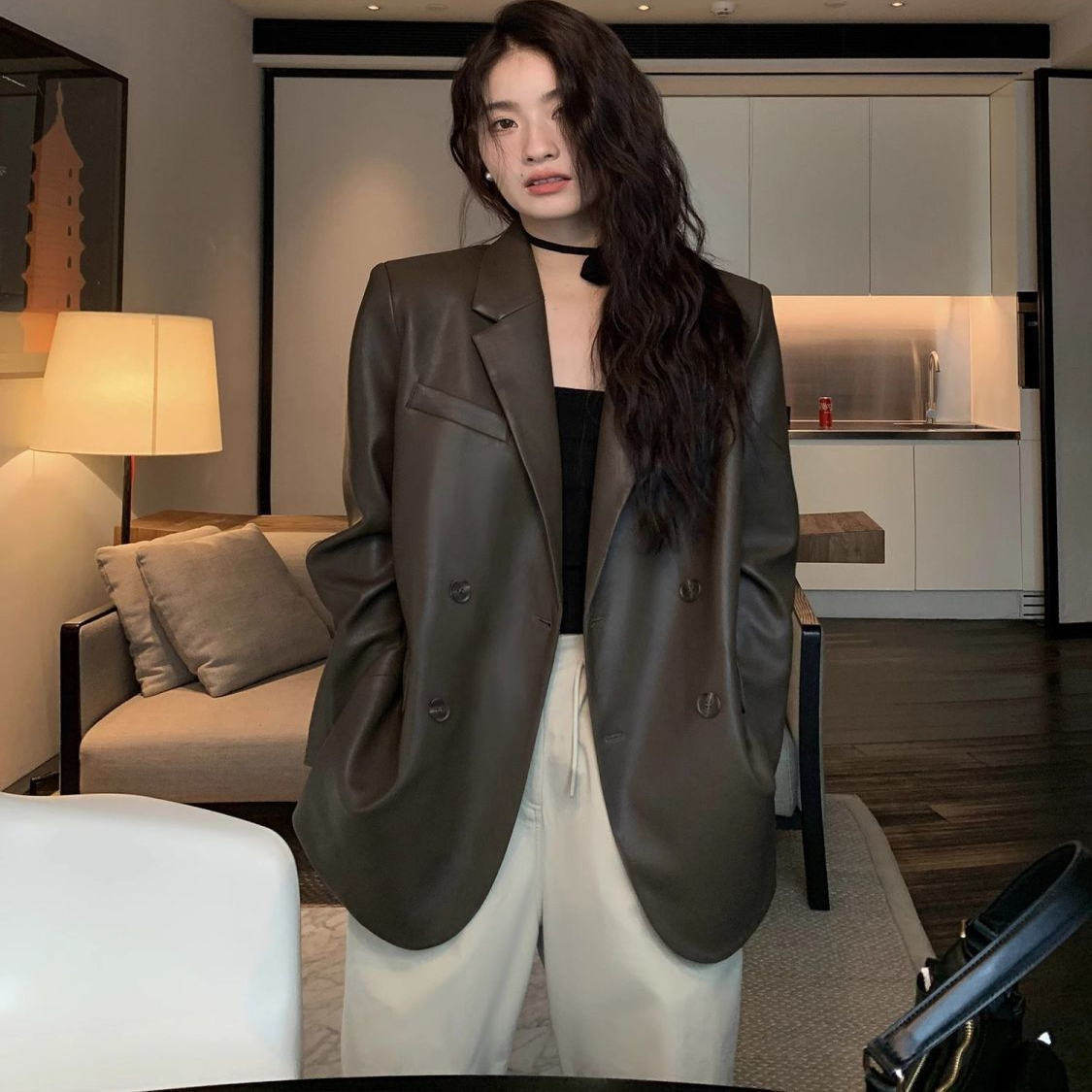 大码300斤复古韩版长袖皮衣女秋季新款胖MM时尚休闲宽松西装外套2,女装/女士精品,皮衣,淘宝优惠券,粉丝福利购,淘宝优惠卷