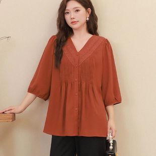 女裝 胖mm氣質(zhì)顯瘦上衣 小衫 法式 300斤特大碼 夏裝 V領(lǐng)中長款 2025新款