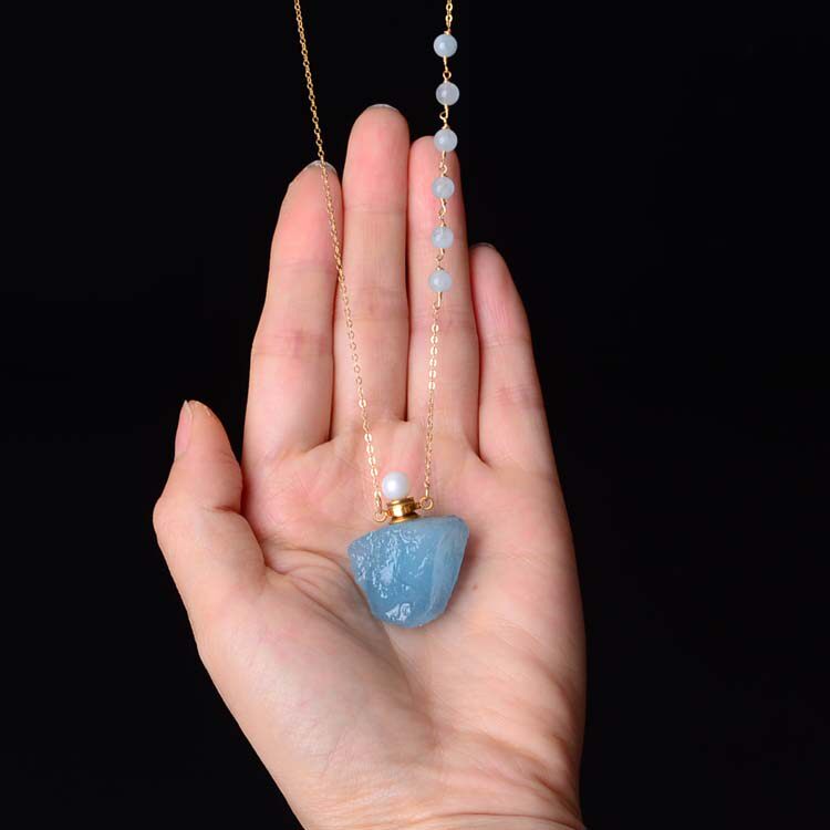 纯天然海蓝宝原石香水瓶精油瓶吊坠女男冰种蓝色水晶项链饰品礼物