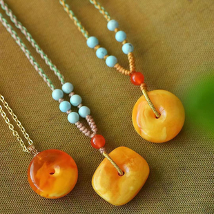 正品老蜜蜡藏扣平安扣吊坠项链 天然蜜蜡配珠项链挂件