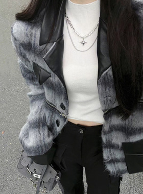 西装两穿可拆卸拼皮毛呢外套女通勤季高级感宽松百搭灰色纯色大衣