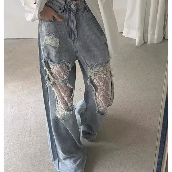 美式复古蕾丝拼接破洞牛仔裤女2026春夏新款慵懒风宽松阔腿长裤子