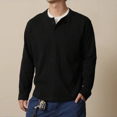 高品质设计感亨利假两件长袖T恤男士秋季打底衫休闲百搭上衣简约