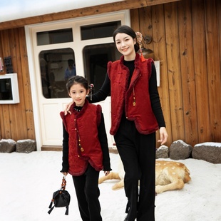 大码亲子装母女装新中式旗袍红色儿童唐装马甲母女装新年装拜年服