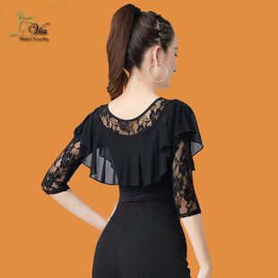 摩登舞上衣新款女成人七分袖交谊舞练功服时尚圆领拉丁舞跳舞上衣