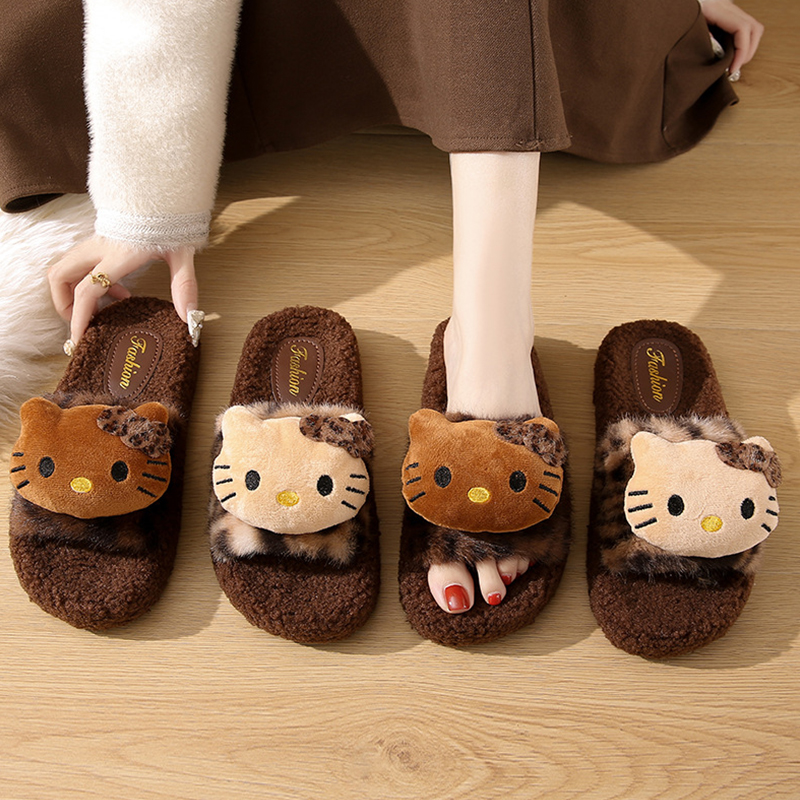 可爱卡通猫豹纹毛毛拖鞋女室内外穿2025秋冬季新款居家保暖棉拖鞋