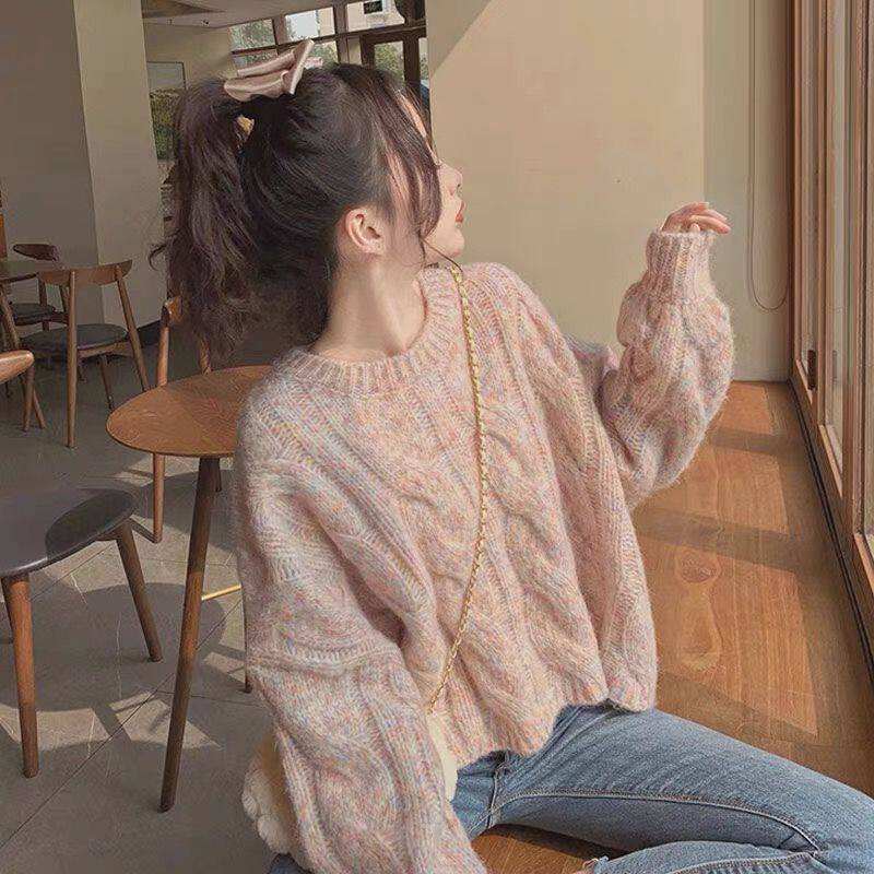 粉色温柔系毛衣女甜美仙宽松外穿设计感小众麻花套头短款针织衫