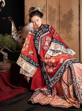 春夏新款晚清风格格服印花改良马面裙氅衣套装少奶奶宽袖复古国风