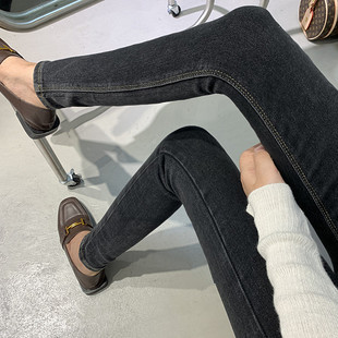 薄绒要入 弹力紧身显瘦铅笔裤 高腰修身 女 牛仔裤 特稀有黑棕色