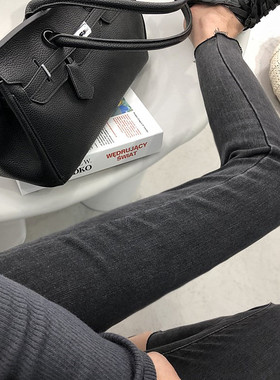 你缺的一条炭黑色牛仔裤！毛边九分牛仔裤子弹力修身先后铅笔裤春