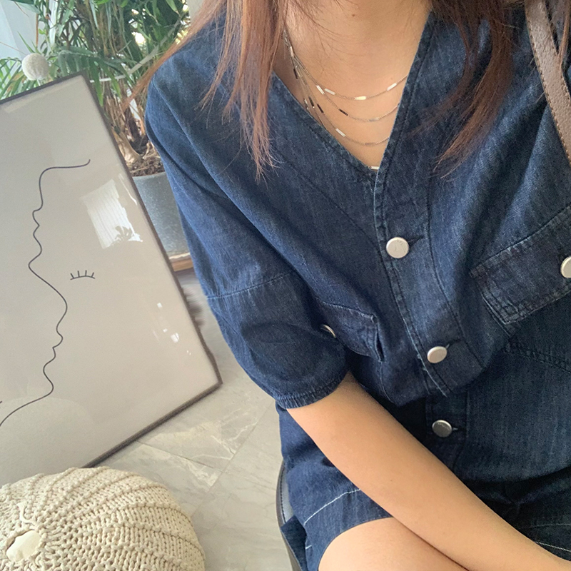 W能搭~！普洗深蓝色牛仔衬衫短袖＋短裤宽松套装女夏季休闲显瘦