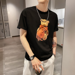 黑色2021店主风精神小伙修身男式印花短袖T恤社会t T069-P38控58图片