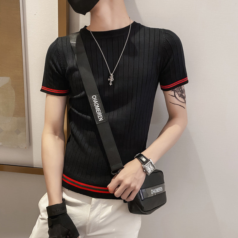 黑色2021精神小伙修身男式针织短袖T恤社会tee T215-P48控68图片