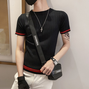黑色2021精神小伙修身男式针织短袖T恤社会tee T215-P48控68图片