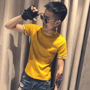 黄色2020精神小伙修身男式针织短袖T恤社会teeT156-P50控68,军绿色裤子可以搭配什么颜色的上衣图片