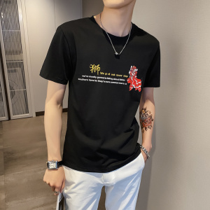 黑色2021店主风精神小伙修身男式印花短袖T恤社会t T059-P38控58图片
