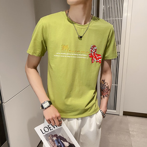 绿色2021店主风精神小伙修身男式印花短袖T恤社会t T059-P38控58图片