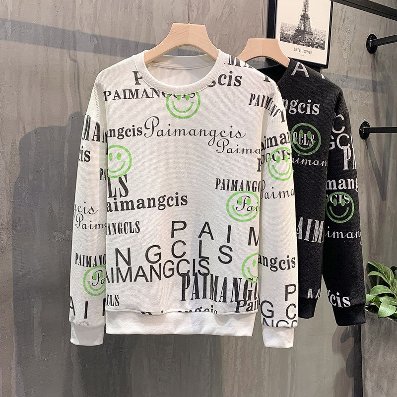 黑色挂拍2023秋装修身印花圆领卫衣男潮W6002-P55控价78,男装卫衣,电商A108
