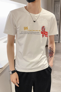 白色2021店主风精神小伙修身男式印花短袖T恤社会t T059-P38控58图片