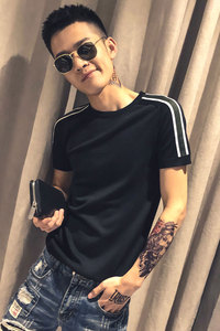 黑色2020精神小伙修身男式针织短袖T恤 社会tee T155-P50控68图片