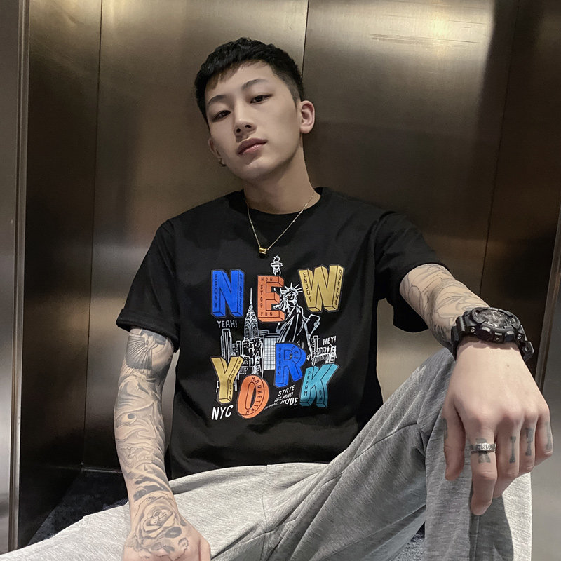黑色2021精神小伙修身男式印花短袖T恤社会tee T053-P45控69图片