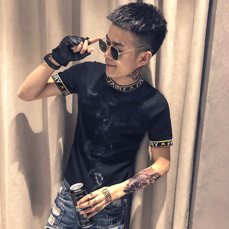 黑色2020精神小伙修身男式针织短袖T恤社会teeT156-P50控68，男装T恤，电商A108